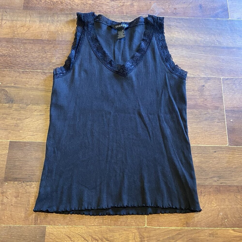 Rich Black Sweetheart Lace Hem Cami Tank Y2K Large‎ Cotton